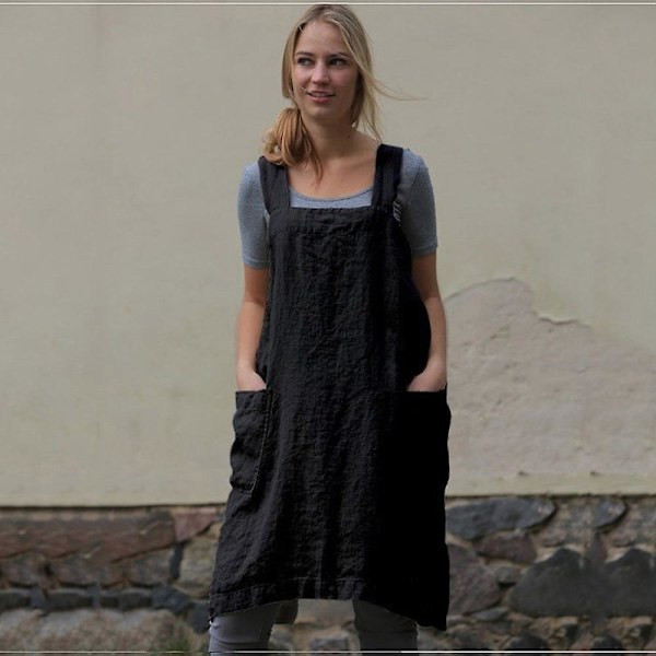 Løse hjemmeklær i bomullslin for kvinner, kryssryggforkle, pinafore-kjole for baking, matlaging, hagearbeid, arbeid 5XL svart 5XL Black