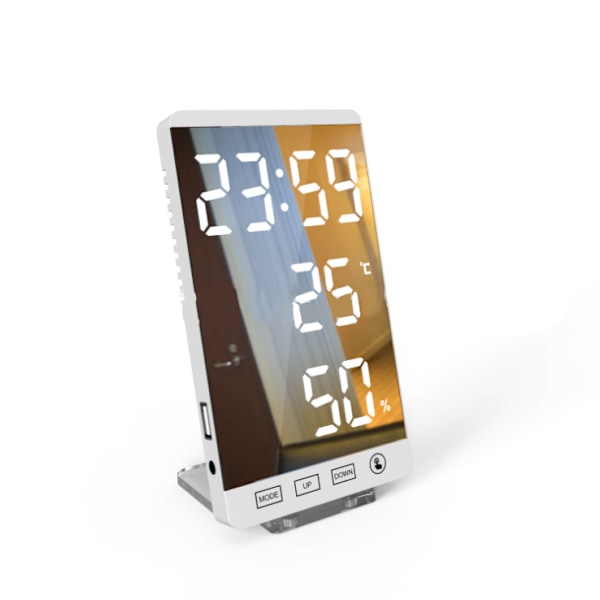 LED Speilklokke Termometer og Hygrometer Elektronisk Væropplysningsklokke Vekkerklokka Hvit