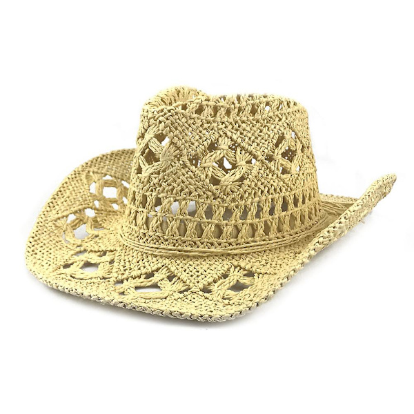 Beige Naisten/Miesten Käsintehty Reikäinen Cowboy-hattu Cowboy Laaja Reuna Kesä Ranta Auringonhattu, Säädettävissä $simplicity Uusi Western-tyyli Reikäinen Klassinen Cowb