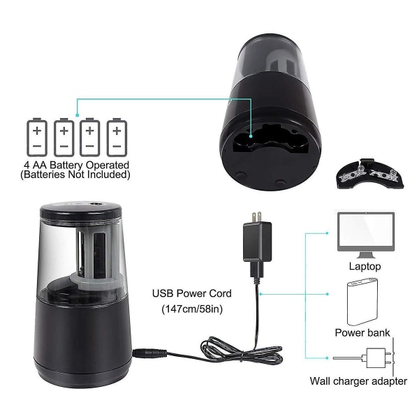 Elektrisk pennvässare, spiralblad för snabb skärpning, automatisk stopp för färgade pennor (6-8 mm), USB/batteridriven i skola, klassrum/kontor/hem