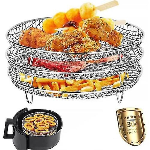 3-tasoinen Air Fryer -teline, ruostumattomasta teräksestä valmistettu pidike, leivontapelti, vartaat, BBQ-teline