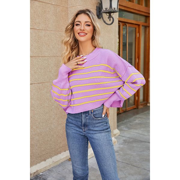 Naisten Pyöreäkauluksinen Lepakkohihainen Pitkähihainen Neulepaita Syksy Ylisuuri Rib-Neule Sivuhaara Pullover Top Purple stripe XL