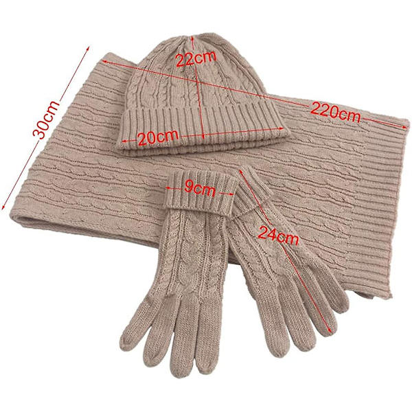 Hatt, skjerf og votter sett for kvinner, myk varm strikket lang skjerf, 3 i 1 vinter tykk strikket sett for ski, utendørs, shopping, fiske - rosa pink