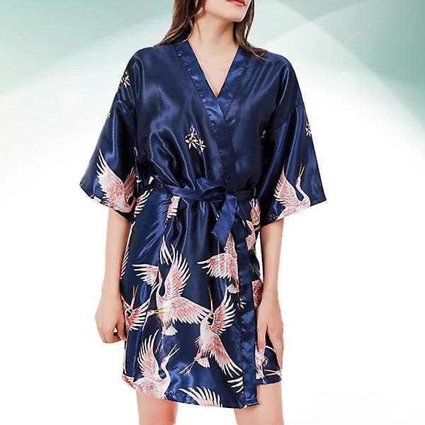 Snygg Nattklänning Artificiell Silke V-Hals Nattklänning Justerbart Bälte Sexiga Robar Sovkläder För L Navy XL