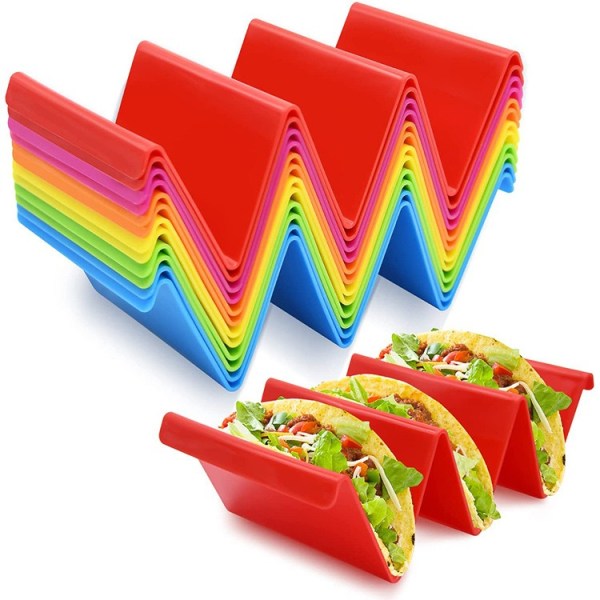 Stående tacoholdere, farverig bakke og premium serverrack til bløde eller hårde tacoskaller, tåler opvaskemaskine og mikroovn, multicol.
