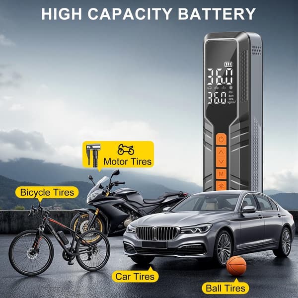 Bærbar elektrisk dækpumpe, 150 PSI kompressor med LCD-display, 6000mAh batteri og LED-lys til biler, motorcykler, cykler og bolde