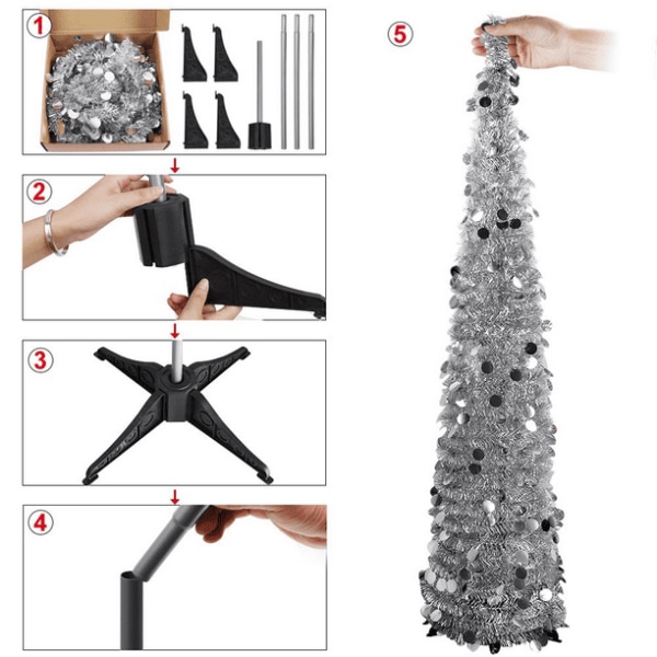 5ft Pop Up Juletræ i Tinsel med Stativ, Smuk Sammenklappelig Kunstigt Juletræ til Julepynt