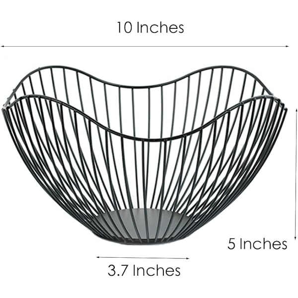 Metal Frugt Skål til Køkken - Stor Trådkurv til Opbevaring af Tallerkener - Sort Frugt- og Grøntsagsorganisator - 25 cm (Buet)
