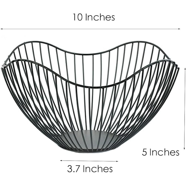 Metallisk Fruktskål til Kjøkken - Stor Trådkurv for Oppbevaring av Retter - Svart Frukt- og Grønnsakorganiserer - 25 cm (Buet)
