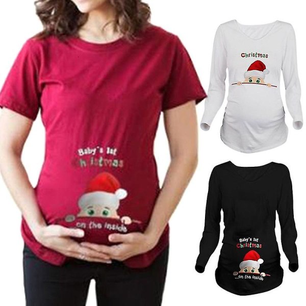 Gravid T-shirt med Rund Hals og Julemandstryk - Åndbar - Hvid Langærmet til Julefest White Long Sleeves l