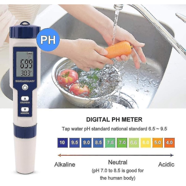 5 i 1 Vandkvalitetstester Multifunktionel Vandkvalitetstester Digital TDS/EC/Salinitet/pH/Temperatur Velegnet Til Drikkervand Swimmingpool Akvarium