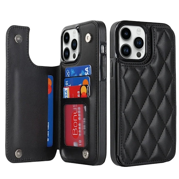 RY/Wallet Dobbelt Knap Lille Duftende Vind Kort Flip Læder Etui Til iPhone 16 Pro Max 15 14 13 12 11 SE 2022 20 X XS XR 8 7 Plus Black for iphone 14 Plus