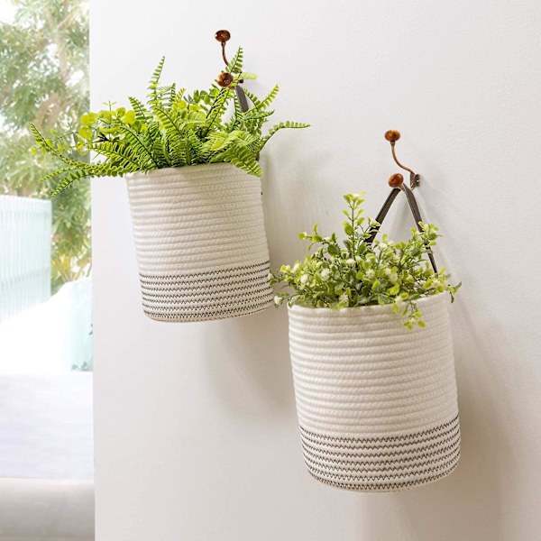 2-pack Hängande Korg - 7.87\" X 7\" Liten Vävd Fern Hängande Repkorg Blommor Växt Väggkorg Dekor Set BohoVit Med Söm White With Stitch