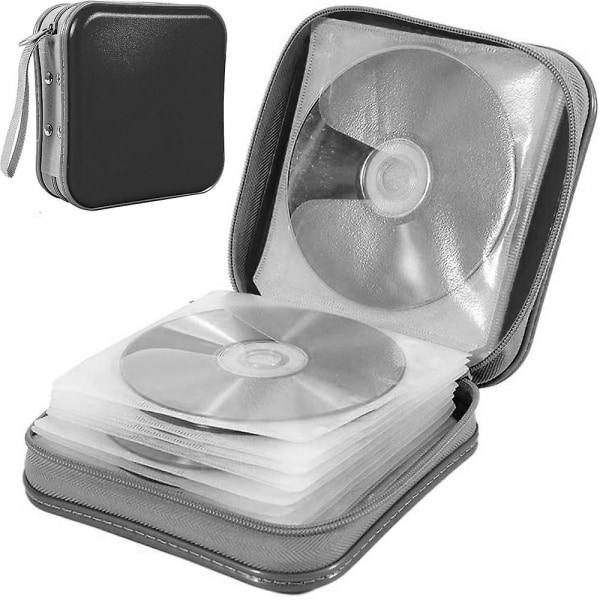 CD-etui med plads til 40, hårdt plastik DVD-etui, bærbar lynlås CD-etuiholder, stor opbevaringsskuffe til bil, hjem, rejse, sort Black