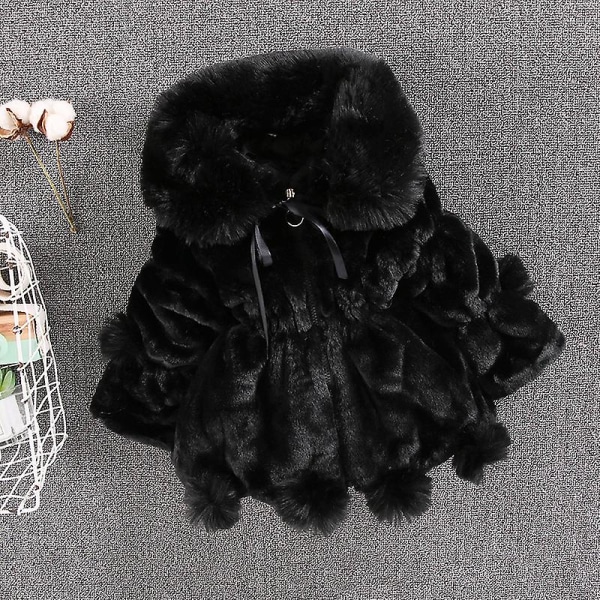 Barn Imitation Päls Stor Pälskrage Pälsboll Tjock Vadderad Flickjacka Vinterkläder 90cmblack balck 90cm