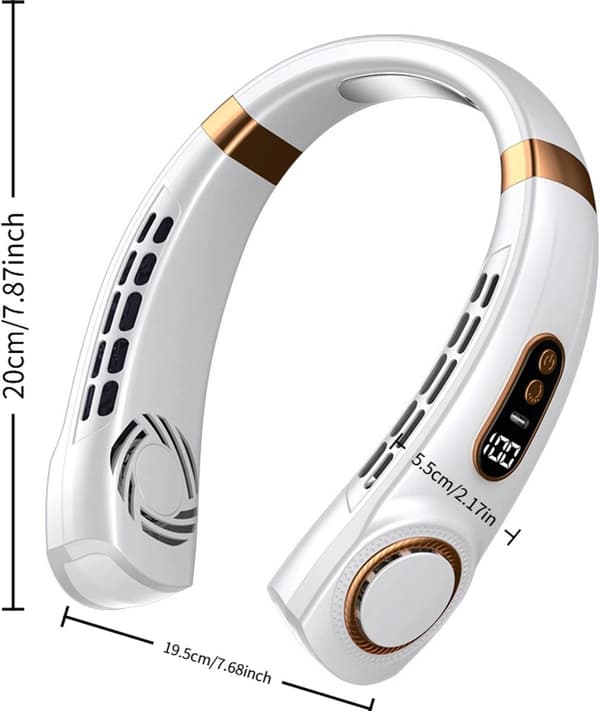 Halsventilator med LED-display, bladløst design, 5 hastigheder, USB-C genopladelig, 1800mAh, til udendørs aktiviteter og løb, blå
