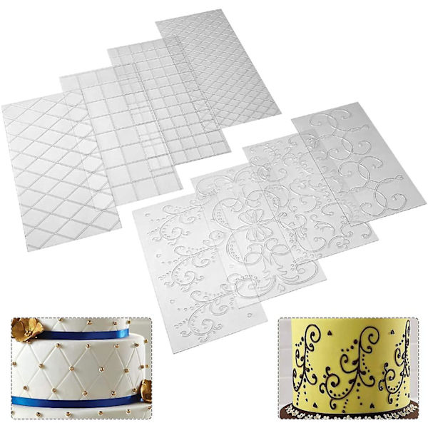 Transparent Fondant-tryckmatta för tårta, Dekorationsverktyg för tårta, Kvadratisk Diamantnätkant Ranka Spets Texturerad Präglad Matta för Tårta 8 st 8pcs