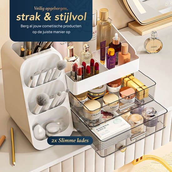 Makeup Organizer med Skuffer og Rum til Kosmetik, Hudpleje, Parfume og Børster, Opbevaring til Badeværelsesmøbler, Hvid