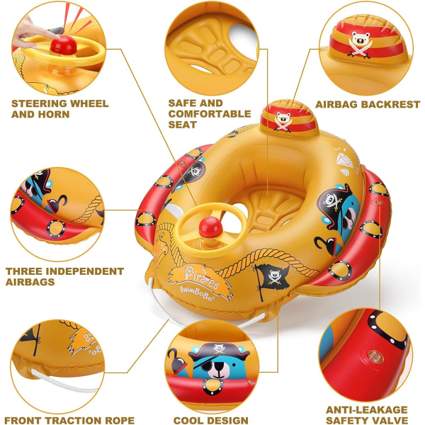 Oppblåsbart piratskip for barn i alderen 2–6 (gul)