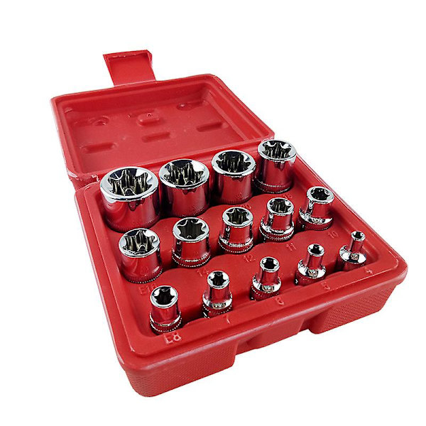 14-delars E-hylsnyckelsats, Torx-hylsnyckelsats, 6-kantig Torx-hylsa, Bilreparationssats, 1 set, Silver (röd låda)