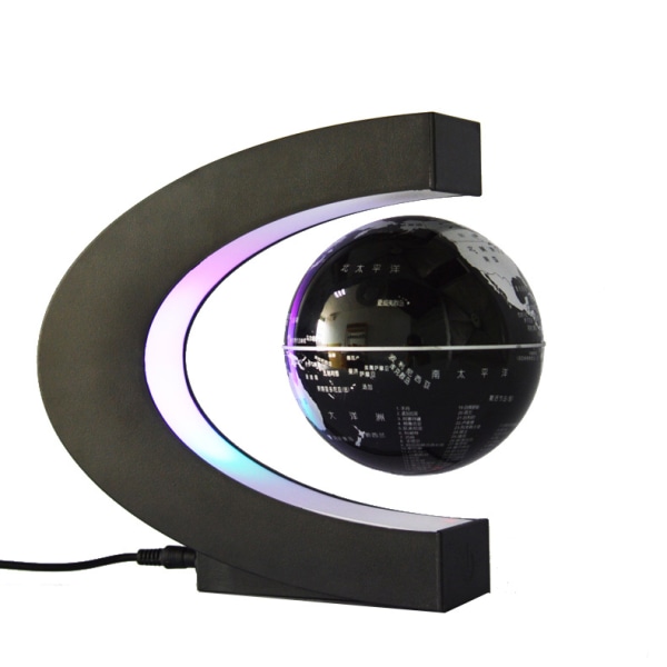 Flydende klode Verdenskort Kugle Planeten Jorden roterer med magnetisk levitation LED-skærm C-formet platformstativ - pædagogisk gave til børn, sort