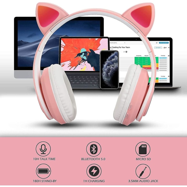 Bluetooth Över-öra Hörlurar Rosa Flickor Kattöra Hörlurar Led Ljus Vikbara Stereo Trådlösa Hörlurar Headset För Barn Teleskopisk Brusreducering