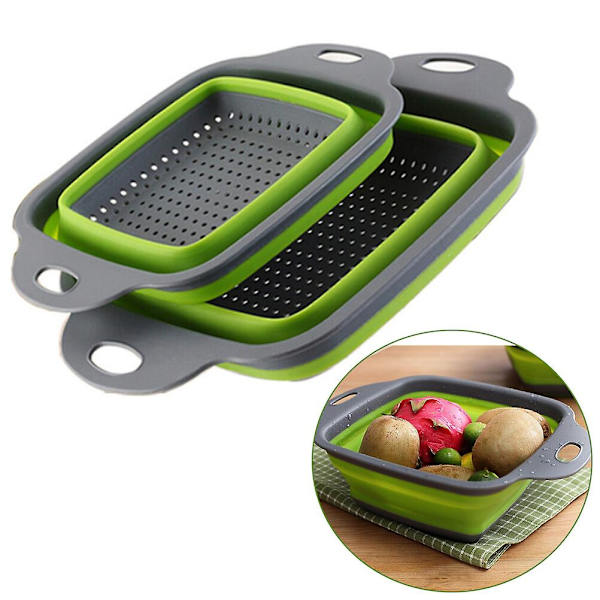 2-pack Multifunktionell Vikbar Sil & Korg Sammanfällbar Durkslag Köksredskap för Tvätta Frukt Grönsaker (röd)Grön Green
