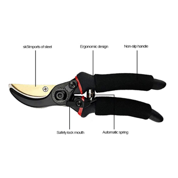 Hagesaks, Beskjæringssaks, Grennsaks, med Sikkerhetslås, Ergonomisk Håndtak