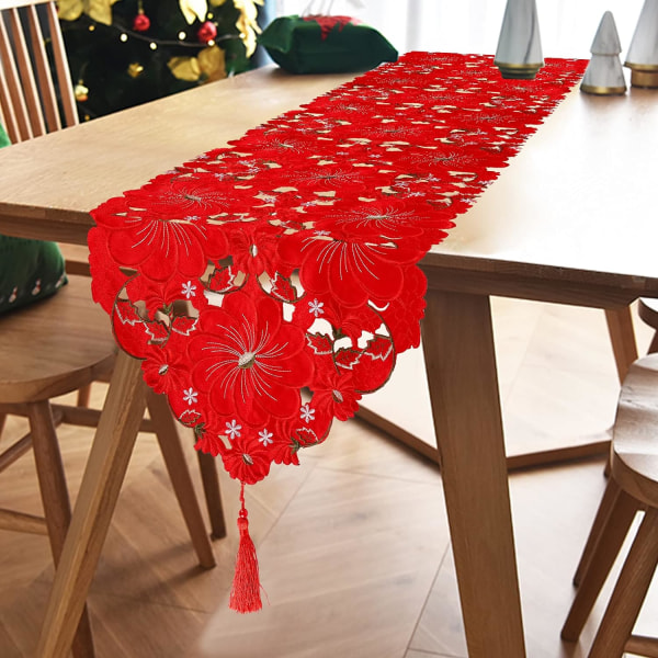 Christmas Table Runner, punainen joulubrodeerattu pöytäjalka, brodeerattu kukka, kirjailtu pöytäjalka joulupöytään