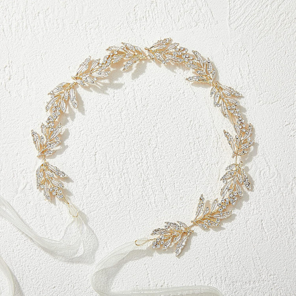 Blad Bryllups Hodepynt for Brud Blomsterpike Gull Bryllups Hodebånd med Rhinestones Kvinner Håndlaget Hårtilbehør