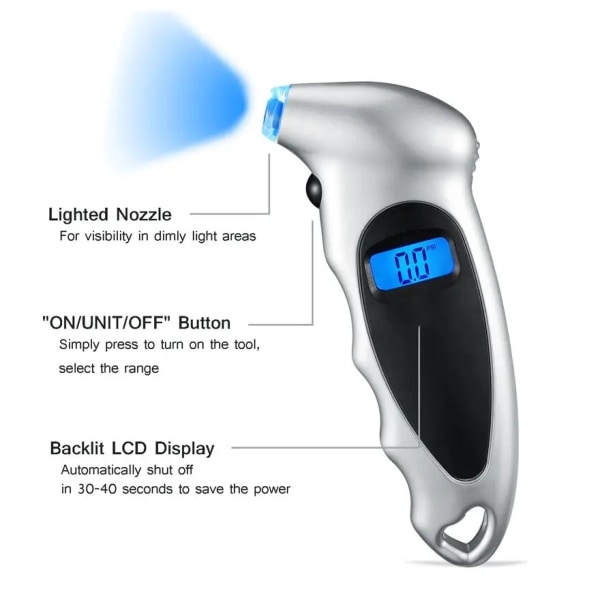 Digital Däcktrycksmätare 150 PSI 4 Inställningar för Bil Lastbil Cykel med Bakgrundsbelyst LCD och Halkskyddande Grepp Biltillbehör, Silver