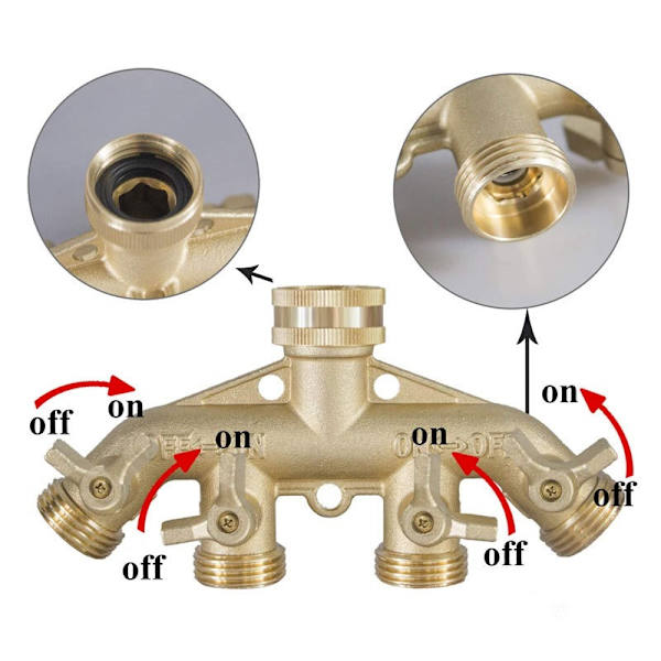 4-vejs Messing Slangedeler, Heavy Duty 4-vejs Have Slangeforbindelse 3/4 tommer, Solid 4-vejs Slange Adapter