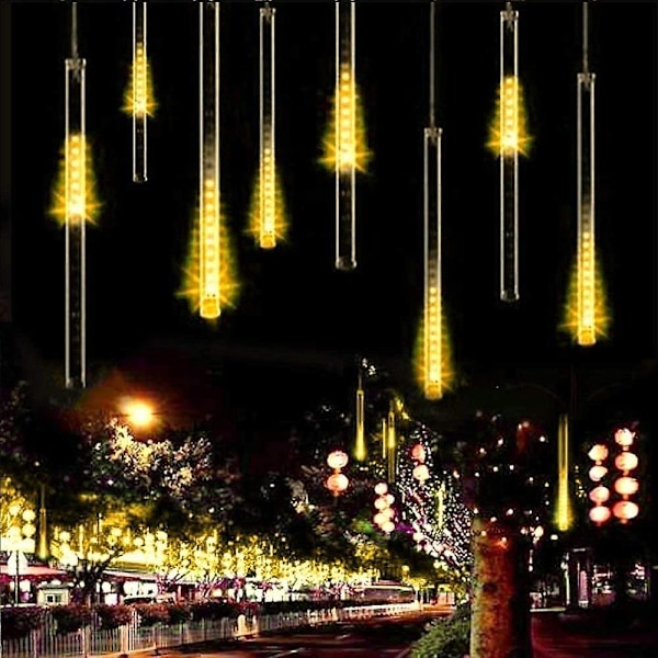 Led-meteorisuihkulähetyksen aurinkovalot ulkokäyttöön, 30 cm 10 putkea 360 lediä Puutarhan meteorisuihkulähetyksen valot Vedenpitävät putoavat sadepisaran valot Joulukuusi (lämmin valkoinen)