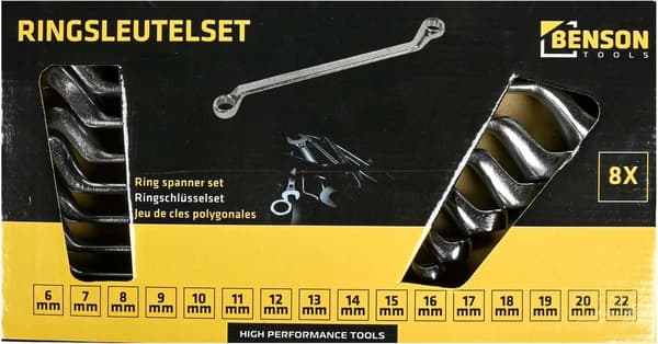 Benson 8-delt ringnøglesæt, metrisk 6-22 mm kromvanadiumstål 12-punkts ringnøgler til professionel og gør-det-selv hjemmereparation