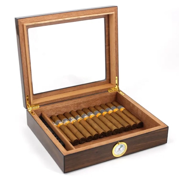 Cigar Humidor, glaslåg Cigarboks med Hygrometer Humidor og skillevæg, Opbevaringsboks af cedertræ til 35 cigarer