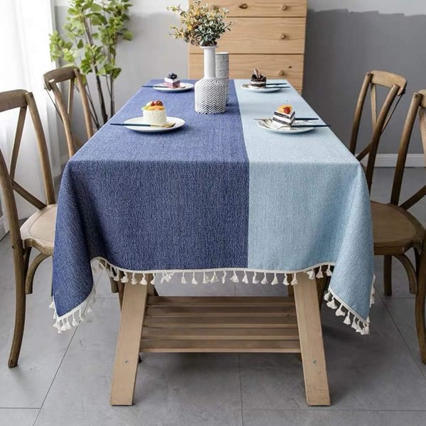 Spetsad dammfri bordsduk, rektangulär bordsduk, fransdekoration trädgårdstebordsdekorationer (140*220cm, mörkblå och ljusblå)