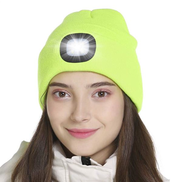 LED-lue med lys, unisex USB-oppladbar hodelykt vinterstrikket lue gaver til menn pappa mann ham
