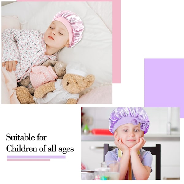 2-pack satinsovmössor för barn, mjuk satinsovmössa, justerbar sovmössa för barn, rosa + lila