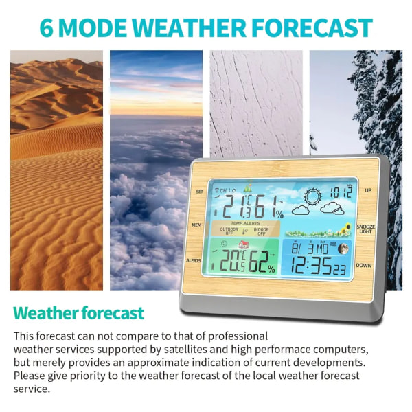 Vejrstation trådløst indendørs udendørs termometer, farvedisplay vejrtermometer, digital temperaturmåler med barometer, kalender
