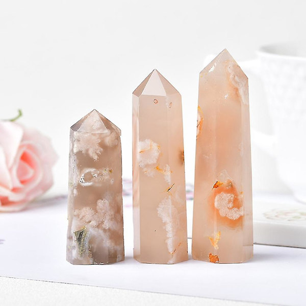 Naturlig Kristallkvarts Spets Healing Sten Körsbärsblom Agat Hexagonala Prismor Obelisk Trollstav Sten