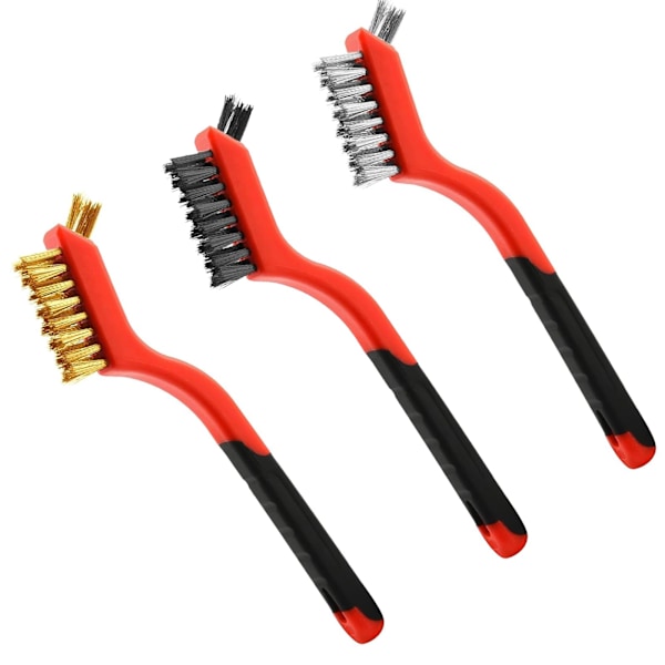 Wire Brush 3Pcs Metal Scrubber - Nylon/Brass/Stainless Steel Bristles with Curved Handle Grip for Cleaning Rust Remov