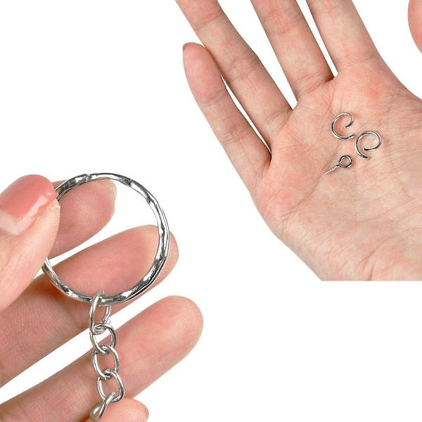 Nøgleringssæt med kæde, åben springring og øjeskruer til håndværk DIY (1 sæt, sølv)