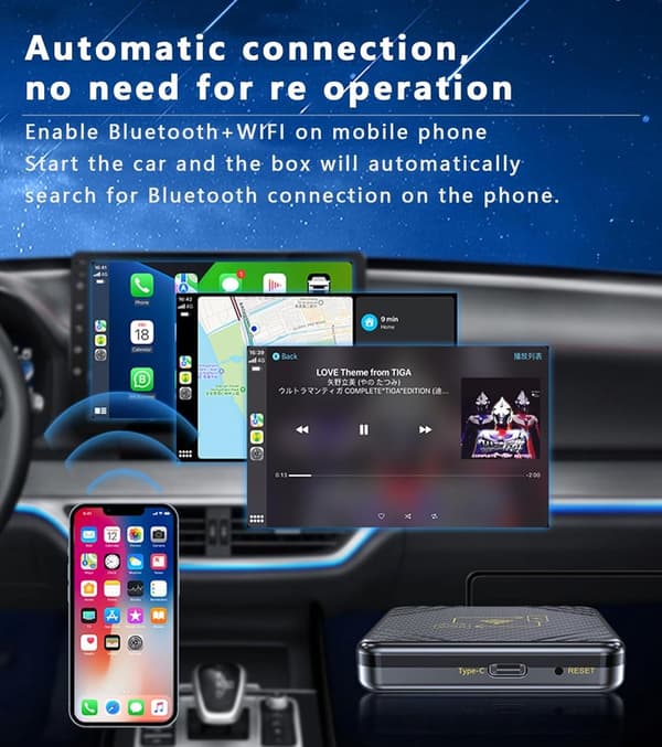 2-i-1 trådlös CarPlay-adapter för bilar med fabriksmonterad CarPlay, Android Auto-dongel USB-A/USB-C Plug and Play, låg latens