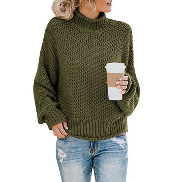 Dam Turtleneck Oversized Stickad Tröja Batwing Långärmad Pullover Lös Chunky Stickad Jumper Military Green S