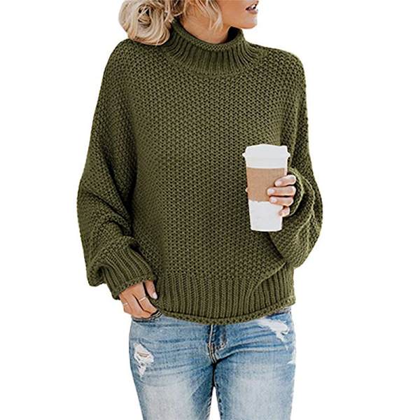 Dame Turtleneck Oversized Trøjer Batwing Langærmet Trøje Løstsiddende Chunky Knit Jumper Military Green M