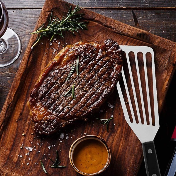 Fiskespade, Slidsgaffel i rustfrit stål, Robust nittet håndtag, Tåler opvaskemaskine, Køkkenmetalskede til vending, stegning og grillning (2 stk., Mu