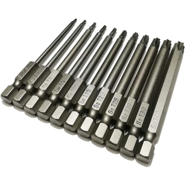 Sikkerhed Torx Bit 11 Dele 1/4 Tomme Hex Skaft 3 Tommer Længde S2 Stål Torx Hoved Skruetrækker Bor Sæt (11stk 75mm Torx Hoved)