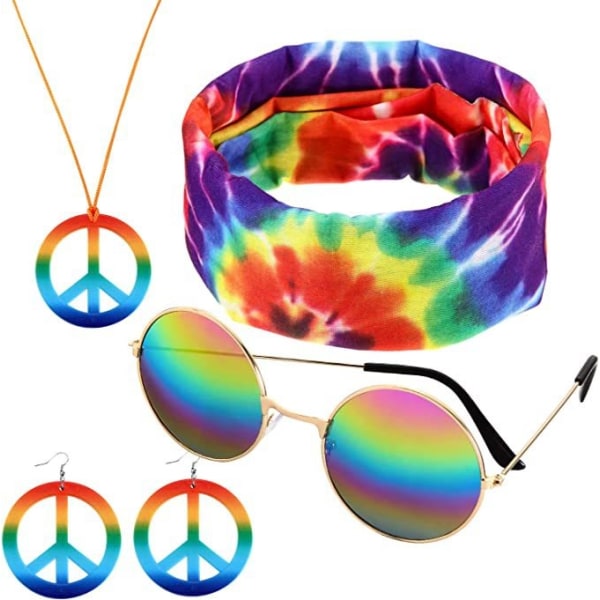 3 kpl hippiasusteita, 70-luvun hippisateenkaarileopardiasu, hippipäänauhat miehille Peace Sign kaulakoru aurinkolasit