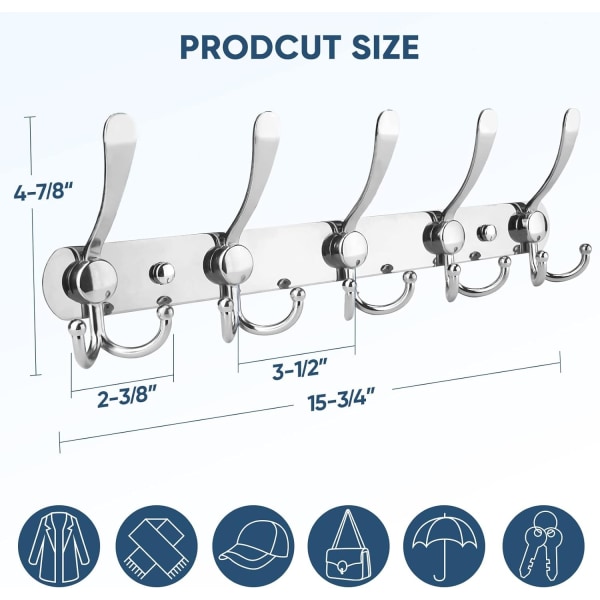 Väggmonterad Kapphängare, Fem Tunga Tri-Krokar Allt Metallkonstruktion för Jacka Kappa Hatt i Mudroom Entré (1-pack)