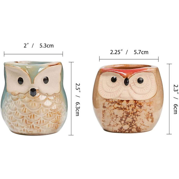 6,5 cm keramisk plantepotte, sukkulentkrukke med bambusbrett og ugleform for 6, med dreneringshull, Pottaler-potte for hjemmekontor, stue, stue